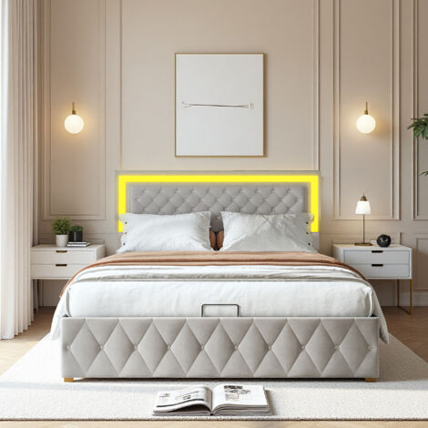 Lit 140x200 cm - tissu en velours - LED - Gain de place - cadre de lit 140x200 cm - beige (1/5)