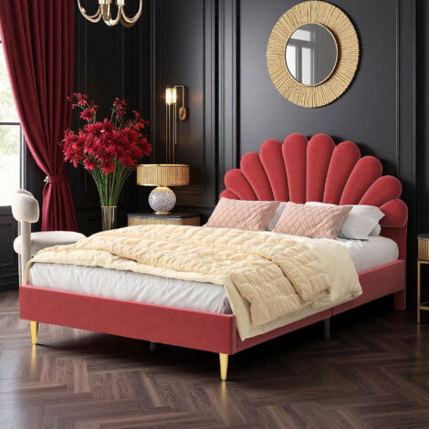 Lit adulte 140x200cm - Velours Rouge - Design moderne - Nordique - Cadre de lit 140x200cm - Forme de pétale (1/5)