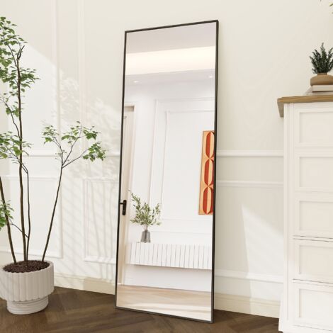 Miroir sur pied Rectangulaire Noir - 164x54cm - Miroir Psyché Mural ou Autoportant avec Cadre en Aluminium et Verre Trempé (1/5)