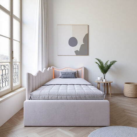 Lit ado 90x200 cm - tissu en velours - LED - Cadre de lit enfant 90x200 - Beige (1/5)