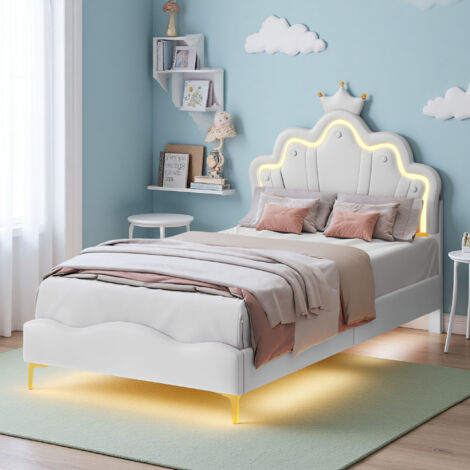 Lit 90x200 cm - tissu en PU - LED - sommier - Cadre de lit pour enfants 90x200 cm - Blanc (1/5)