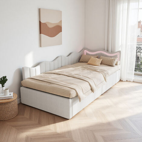 Lit 90x200 avce LED - tissu en velours teddy - sommier - lit adulte 90x200 - Blanc (1/5)