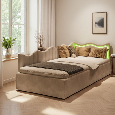 Lit 90x200 avce LED - tissu en velours - Cadre de lit enfant 90x200 - Beige (1/5)