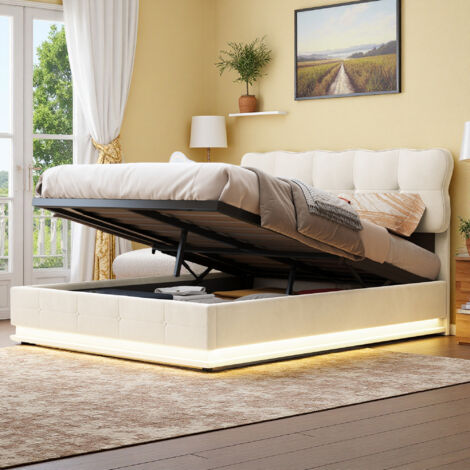 Lit adulte 140x190 cm - tissu en velours - LED - hydraulique - cadre de lit 140x190 cm - Beige (1/5)