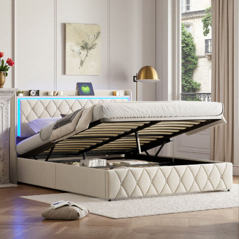 Structure de lit 160x200 cm - LED et USB/type-C - Velours Beige - lit ado 160x200 cm (1/5)