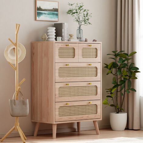 Commode - Avec 5 tiroirs - Scandinave - 60 x 34 x 91 cm - tiroirs en rotin - Couleur bois naturel