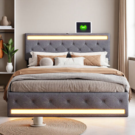 Lit 180x200 cm - tissu en lin - LED ET USB - cadre de lit adulte 180x200 cm - Gris (1/5)