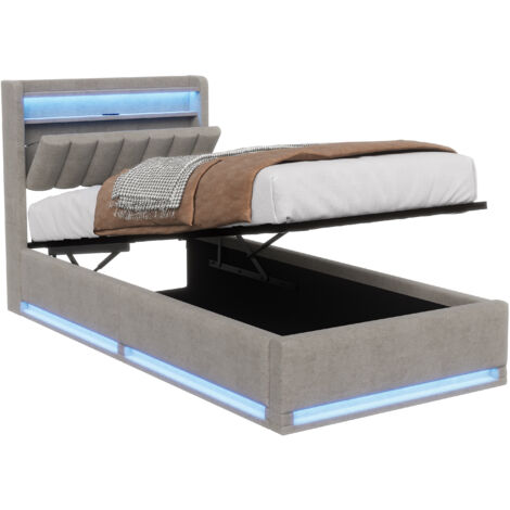 Lit 90x200 cm Gris - LED - sommier à lattes - tissu en velours - cadre de lit coffre - pour adulte et enfant (1/5)