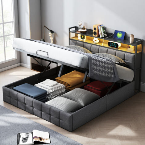 Lit 140x190 cm - tissu en lin - hydraulique - LED et USB - cadre de lit ado 140x190 cm - Gris (1/5)