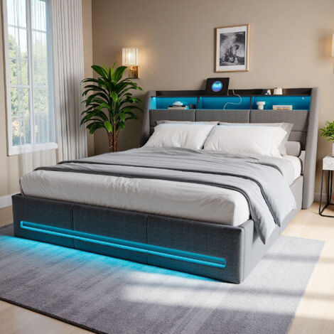 Lit 140x190 cm - tissu en lin - LED ET USB - sommier à lattes - lit coffre 140x190 cm - gris (1/5)