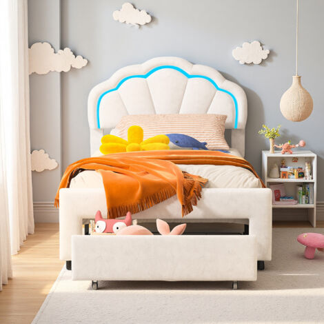 Cadre de lit enfants 90x200 cm acve LED - Velours Blanc - tiroirs - Lit 90x200 cm (1/5)