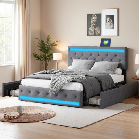 Lit 180x200 cm - tissu en lin - LED ET USB - cadre de lit double 180x200 cm - Gris (1/5)