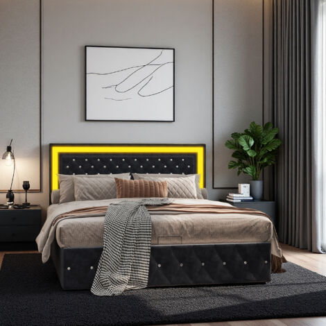 Lit 160x200 cm - tissu en velours - LED - Style nordique - cadre de lit double 160x200 cm - noir (1/5)