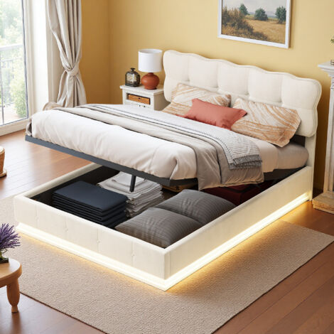 Lit ado 140x190 cm acve LED - tissu en velours - hydraulique - cadre de lit 140x190 cm - Beige (1/5)