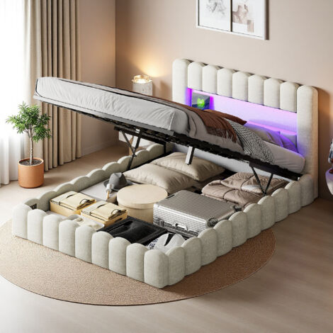 Lit double 140x200 cm - Tissu en Lin - USB et LED - Sommier à 12 lattes - cadre de lit 140x200 cm - Beige (1/5)