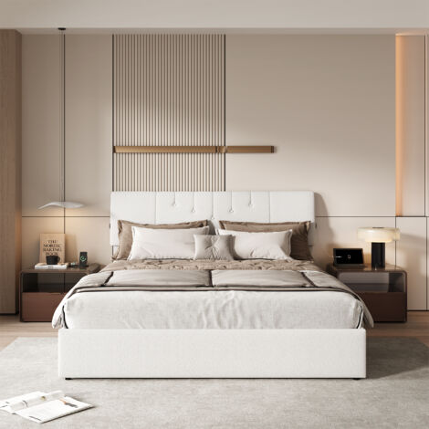 Lit 140x190 cm avec sommier à lattes, lit adulte avec USB et Type C, cadre de lit coffre, tissu en teddy velours, blanc (1/5)