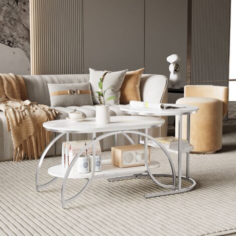 Lot de 2 Table Basse Gigone - 80x46x45cm - Design Moderne & Gain de Place pour Salon - Marbre Blanc & Pieds Argenté (1/5)