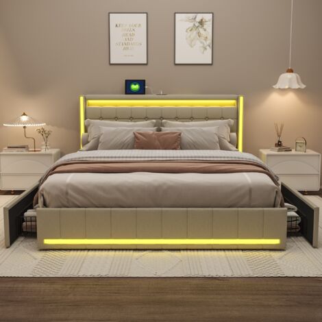Lit 180x200cm - lit double avec 4 tiroirs et sommier à lattes et tête de lit, charge USB/Type C - lin, beige (1/5)