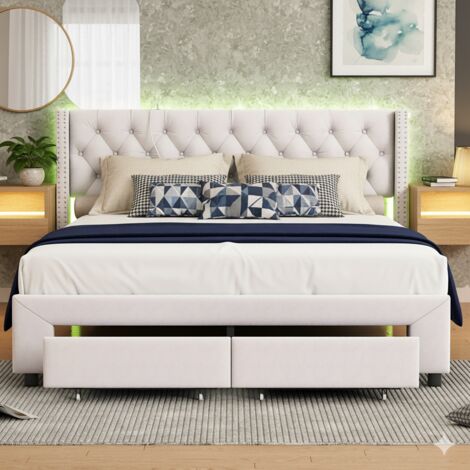 Lit 140x190cm avec 2 tiroirs - lit double avec sommier à lattes et tête de lit LED avec port charge et poches - velours beige (1/5)