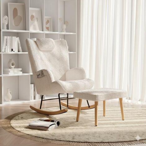 Fauteuil à Bascule 66x70x89cm - avec Repose-pieds, Têtière et Poche Latérale - Design Scandinave - en Tissu Bouclé Teddy Blanc (1/5)