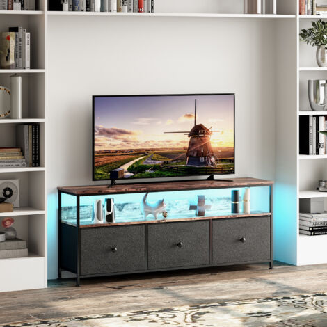 Meuble TV Multimédia avec LED - Buffet LED - Design Rétro Chic - Tiroirs en Tissu Noir - 137cmx30x57cm - Marron (1/5)