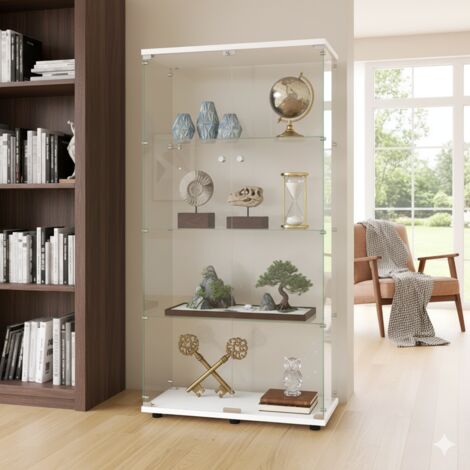 Vitrine d'Exposition en Verre - Meuble de Rangement 4 Étagères et 2 Portes - 164,3x80,5x36,3 cm - Salon, Bureau - Blanc (1/5)