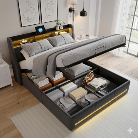 Lit 140x190cm - Lit Coffre 140x190 et Sommier - Tête et Pied de Lit LED RGB, Prises USB/Type-C et Rangement - Tissu Lin Gris (1/5)