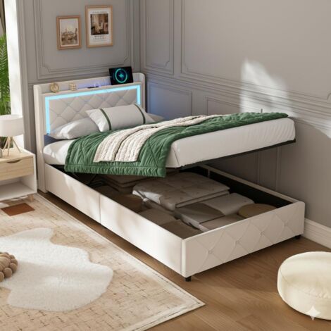 Lit 90x200cm - Lit Coffre 90x200 et Sommier - Lit Simple avec ête de Lit LED RGB, charge USB et Étagère - Velours Beige (1/5)