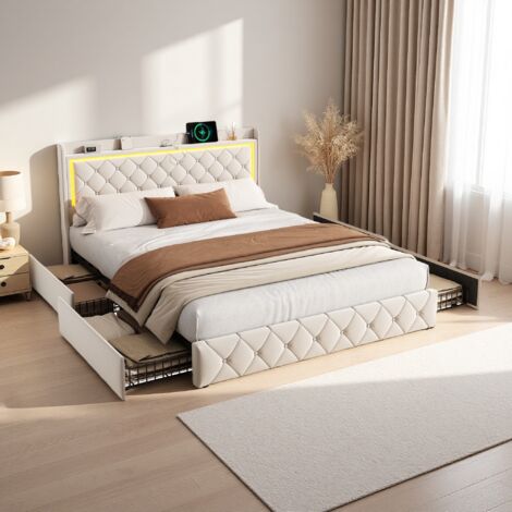 Lit 140x190 cm avec LED - Lit adulte - tissu en velours - cadre de lit en Métal - beige (1/5)