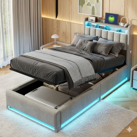 Lit 90x200cm - Lit coffre 90x200 avec sommier et tête de lit rangement - LED et port charge - velours - gris (1/5)