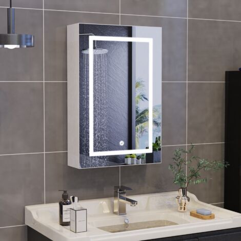 Armoire Murale de Salle de Bain avec Miroir LED, 50x70cm, 2 Porte, 2 Étagères, Luminosité 3 Couleurs avec Fonction Mémoire, Blanc (1/5)