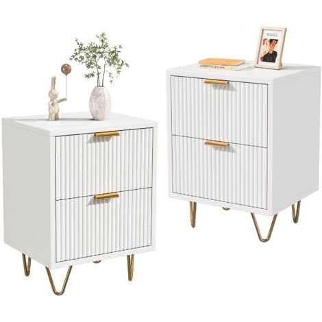 Lot de 2 Tables de Chevet - 40x40x55cm - Ondulées - avec 2 Tiroirs et Pieds en Métal Doré - Style Moderne et Élégant - Blanc (1/5)