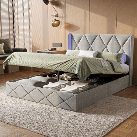 Lit 140x200cm - Lit Coffre 140 et Sommier à Lattes Inclus - Lit Double LED Rembourré - en Velours Gris Glacé (1/5)
