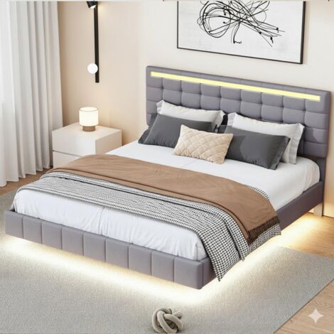 Lit 160x200cm - Lit Double Flottant 160 et Sommier - Tête de Lit Réglable avec LED RGB & 2 Ports USB - en Lin Gris (1/5)