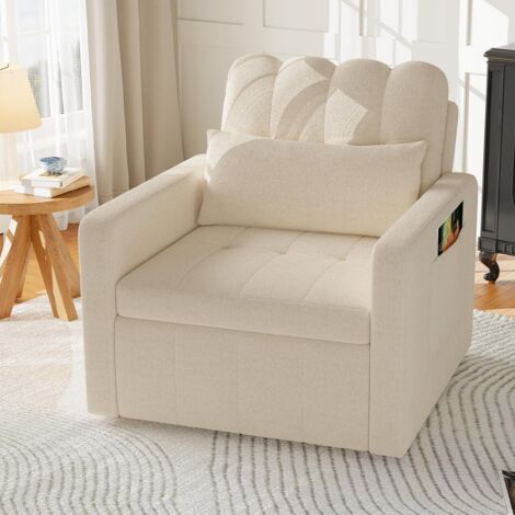 Fauteuil Convertible 3-en-1 - Fauteuil longue - Dossier 5 Positions - avec Table Pliante, Pochette  - en Chenille - Crème
