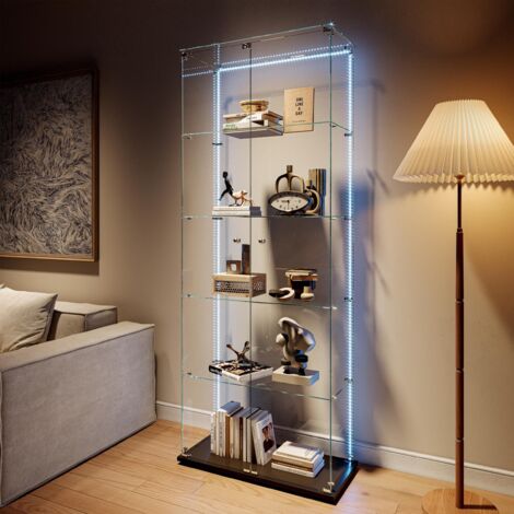 Vitrine en Verre Trempé - 78.5x34.5x187.5cm - 5 Étagères avec Lumières LED - Porte pour Salon, Chambre, Bureau - Noir