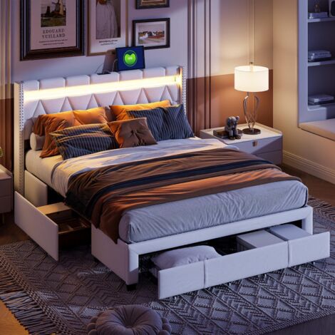 Lit 160x200cm - Lit Double - avec Tête de Lit LED RGB, Port USB/Type-C & 4 Tiroirs de Rangement - en Tissu Lin Beige (1/5)