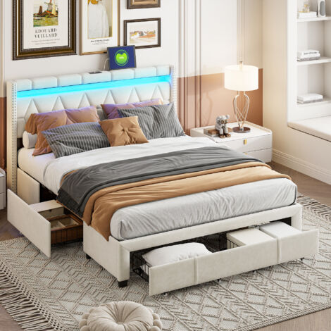 Lit 160x200 cm avec 4 Tiroirs - Tête de Lit avec LED et USB - Cadre de Lit en Double, Beige - Lin (1/5)