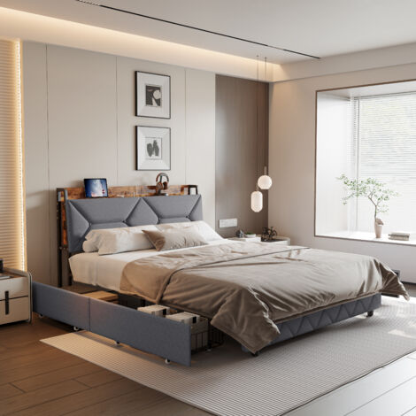 Lit 160x200 cm, Lit Double avec 4 tiroirs, cadre de lit adulte avec angement, Gris - Lin (1/5)