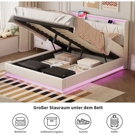Lit 160 x 200cm, lit coffre 160x200,velours, éclairage LED, port de charge, blanc (1/5)