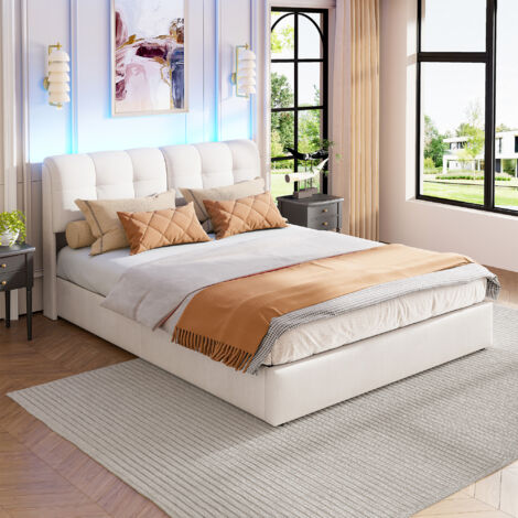 Lit coffre 160x200 cm, cadre de lit 160x200 cm, Lit double avec Rangement sous le lit, LED, velours - beige