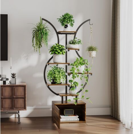 Porte-Plantes Design 142cm - 8 Niveaux - Lampes LED de Culture - Cabinet de Rangement & Crochets - Support Fleurs Bois et Métal (1/5)