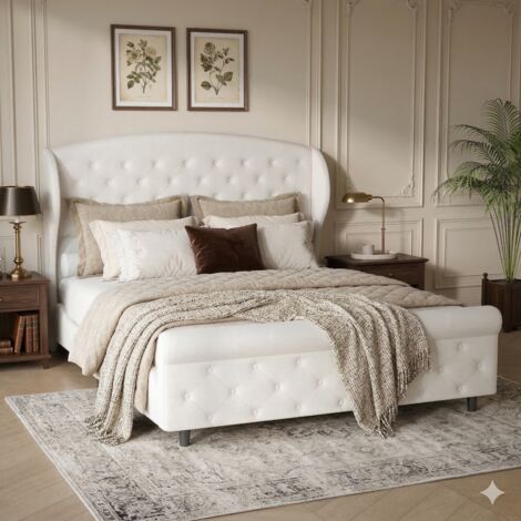 Lit 140x200cm - Lit Adulte 140x200 Design Traîneau - Structure de Lit 140x200 - Sommier à Lattes Inclus - Velours Blanc Crème (1/5)
