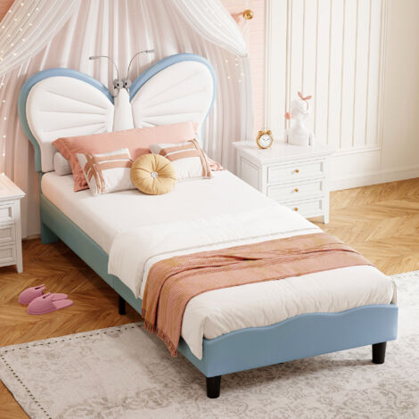 Lit 90x190cm - Lit Enfant Papillon - avec Sommier, Lampes de Lecture Intégrées - Tête de Lit Rembourrée - Blanc et Bleu (1/5)