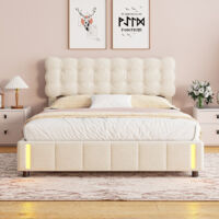 Lit 160x200, lit adulte 160x200, sommier à lattes, LED, cadre de lit coffre 160x200, tissu en velours, beige