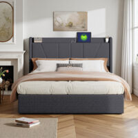 Lit 160x200 cm - tissu en lin - USB - sommier à lattes - lit double 160x200 cm - Gris