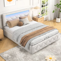 Lit 160x200 cm avec LED - lit coffre 160x200 avec sommier à lattes - cadre de lit adulte - tissu en velours - blanc cassé