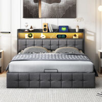 Lit 140x190 cm - LED - tissu en lin - cadre de lit double 140x190 cm - gris