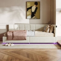 Lit 90x200, lit coffre 90x200, sommier à lattes, LED ET USB, cadre de lit 1 place 90x200, tissu en velours, beige