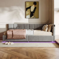 Lit 90x200, lit coffre 90x200, sommier à lattes, LED ET USB, cadre de lit 1 place 90x200, tissu en velours, gris